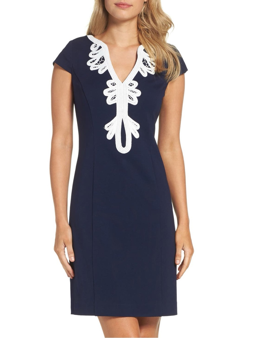 ELIZA J Navy Cap-Sleeve Sheath Dress with White Appliqué ❤️NWT❤️ - Picture 1 of 6